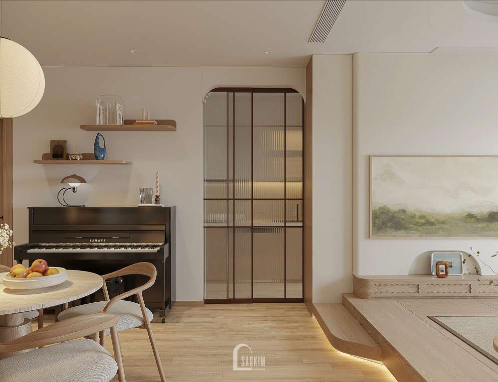 Thiết kế nội thất phòng khách phong cách Wabi Sabi tại chung cư 87m2 Hinode City
